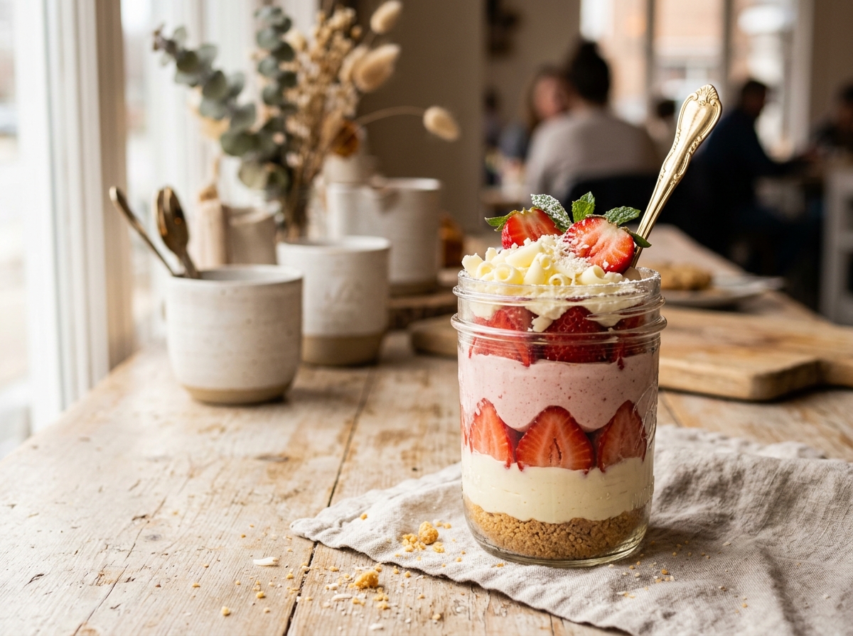 Beautiful strawberry layered spoon dessert in a jar