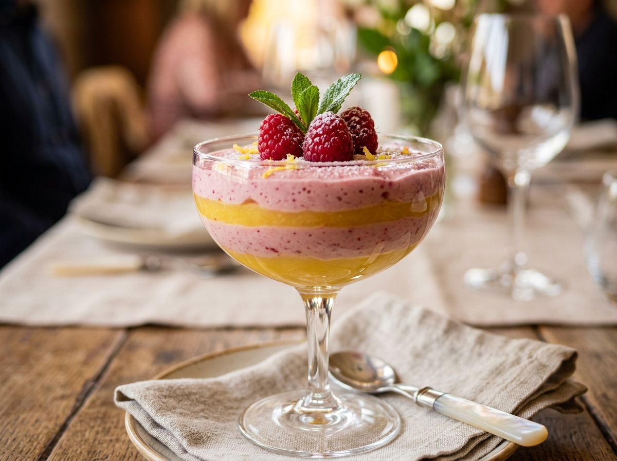 Creamy lemon raspberry mousse in a serving glass